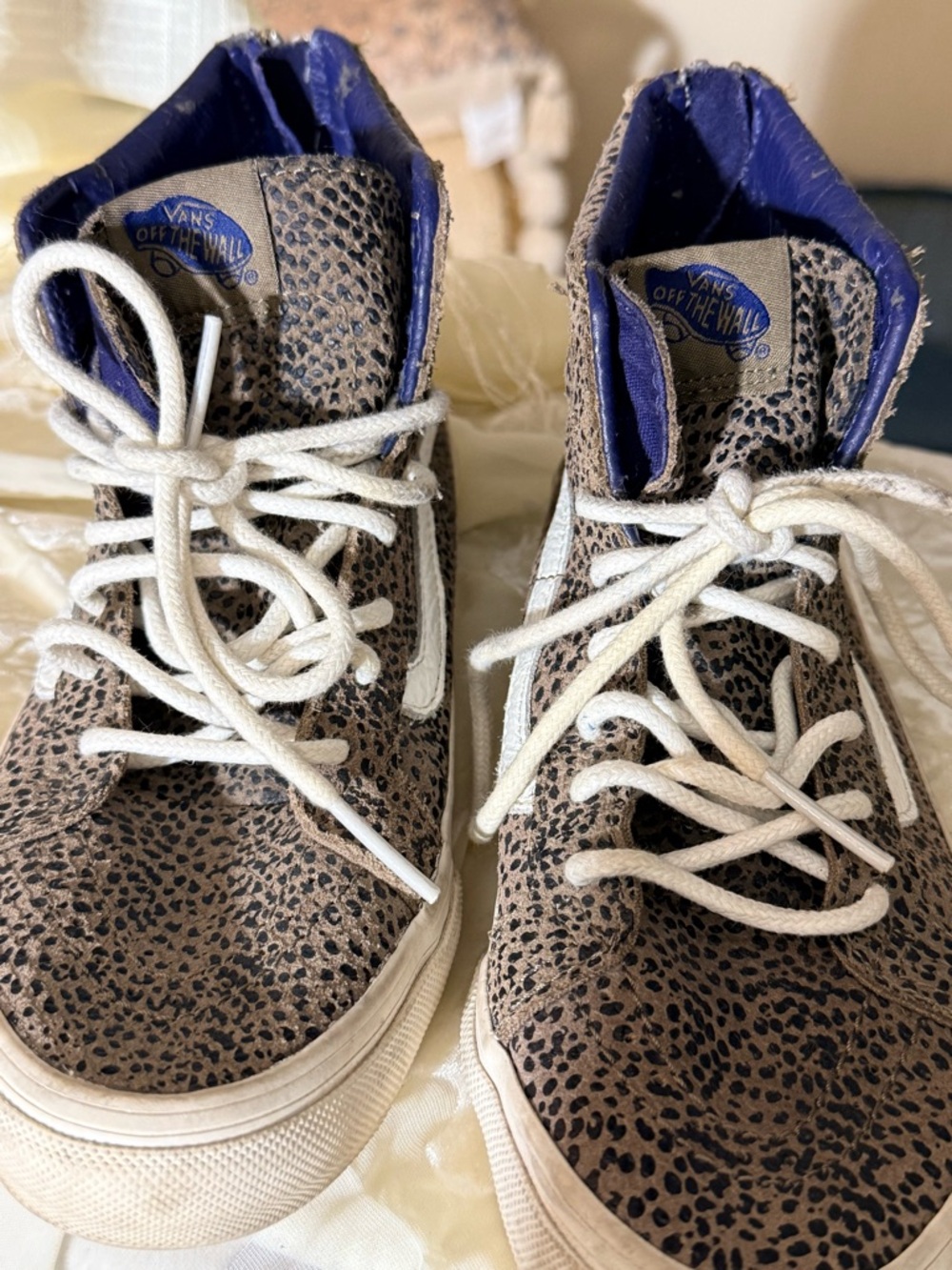 Vans Womens High-Top Sneakers Leopard Print with White and Blue Accents